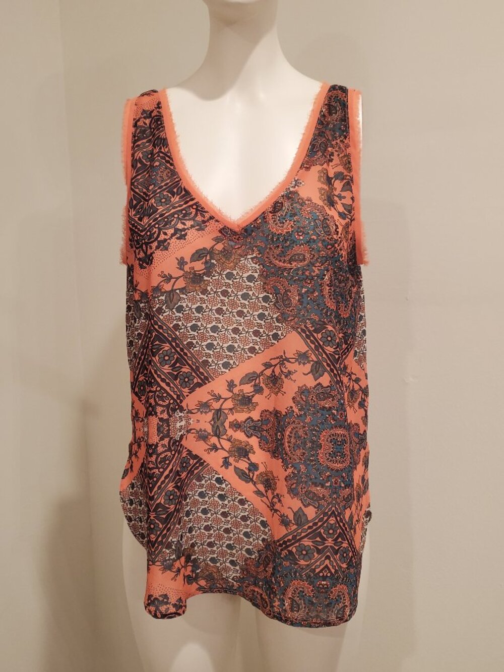 Red Camel Paisley Patchwork Tank Top Womens M Coral Blue Fringe V-Neck Blouse